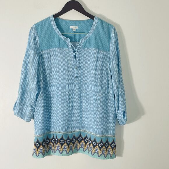 J. Jill Peasant Boho Lace Up Neckline Tunic Blue Top w Silver Tie Detail Size M - Picture 1 of 9